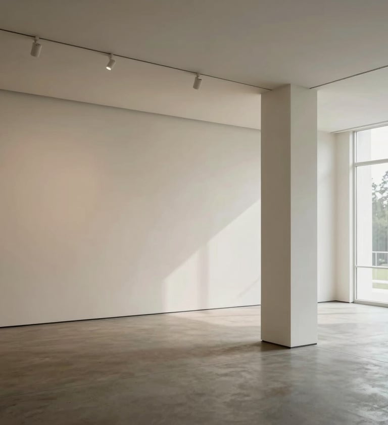 An architectural photography shot of a minimalist gallery interior in the North American / US Pacific Northwest. The composition uses clean lines and ivory tones, with soft shadows creating a sense of narrative depth and quiet confidence.