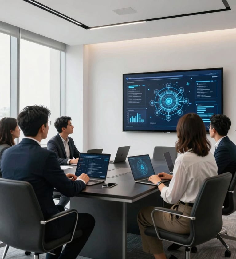 A professional meeting room in Mexico City, where a startup team collaborates on cyber prevention software. A digital board displays abstract schematics of safe networks. Clean, authoritative layout, abundant natural light, pristine white aesthetic with sophisticated dark slate furniture.