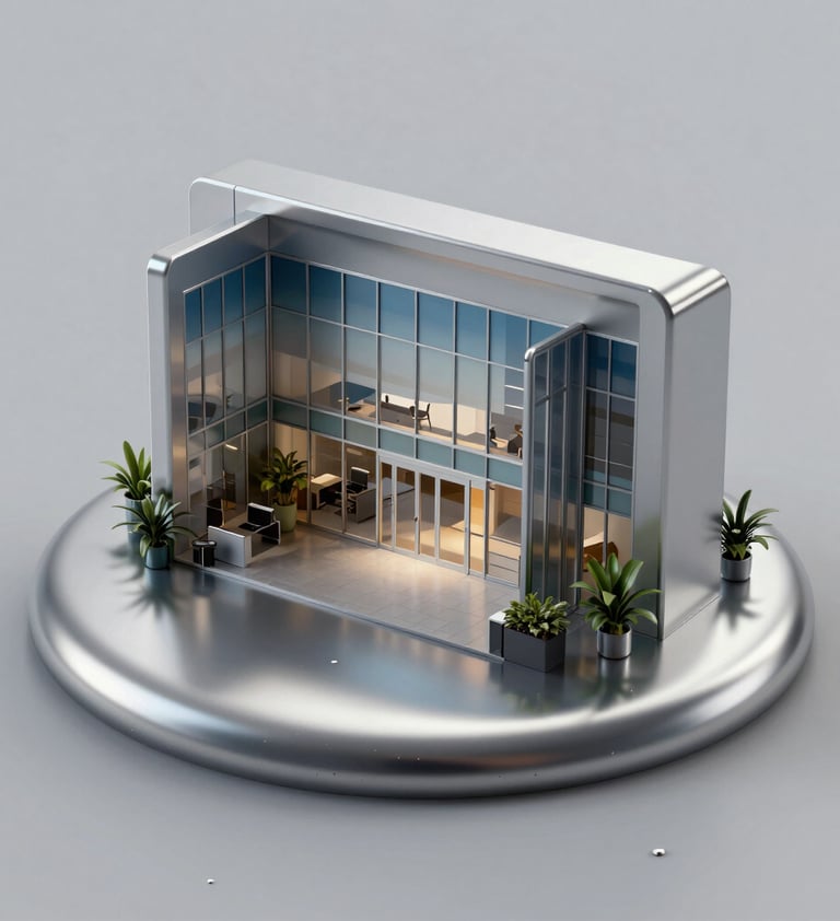 Detailed macro shot of 3D liquid metal simulation, showing reflections of a modern North American / US office space. Colors include soft silver-grey and muted steel blue, captured with professional studio precision.