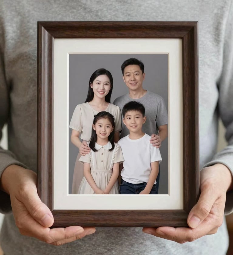 A close-up, artistic shot of hands holding a framed family photograph. The aesthetic is sophisticated and trustworthy, with a focus on heirloom quality. Palette colors #3A3335 and #F5F2F0 are prominent.