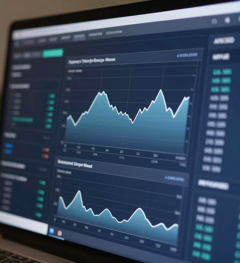A close-up of a high-resolution digital display showing complex energy market trends and graphs, with a focus on ESG metrics. Soft focus on the background with sharp, sophisticated analytical charts in the foreground, using brand colors like #1A2C38 and #A9C5D0.