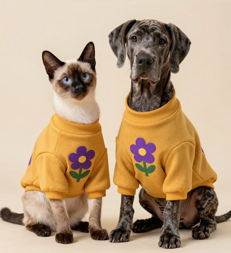 Un gato siamés y un perro gran danés con suéteres a juego de flores amarillas.