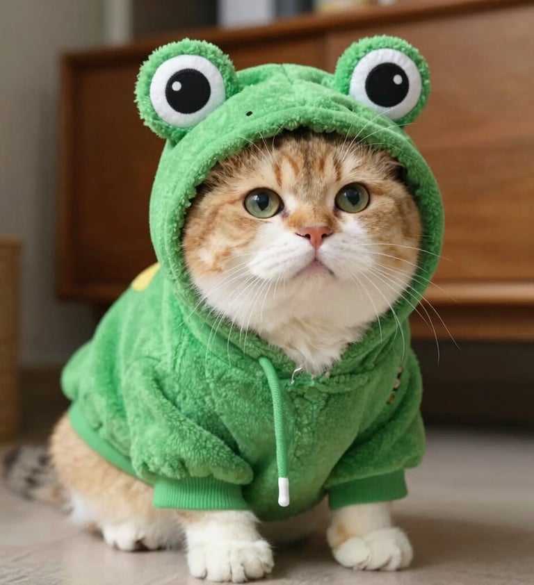 Adorable gata tricolor con una sudadera verde con capucha de rana y grandes ojos sentada 