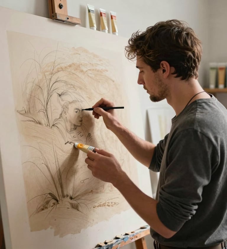 A professional artist in an International / Global Art Scene studio setting, seen from the side while working on a large canvas. The environment is filled with Soft Sand sketches and Light Cream paint tubes. Warm morning light.
