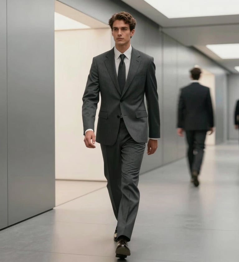 A cinematic wide-angle shot of a male model in a deep slate grey tailored suit, walking through a futuristic minimalist corridor. The walls are silver grey with soft off-white light panels. Professional, dynamic movement captured with motion blur in the background.