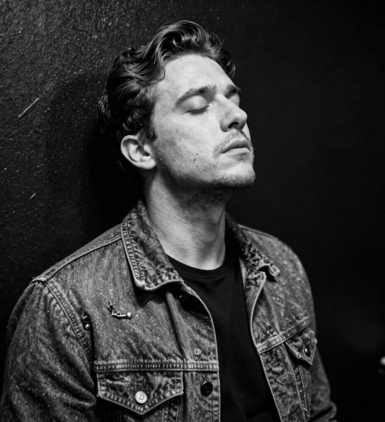 Candid black and white portrait of a singer catching their breath backstage. Soft off-white light illuminates their face against a dark black textured wall. Emotional and authentic Western European music scene photography.