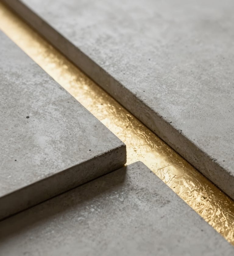Detail shot of architectural set materials. Polished concrete surfaces meeting gold leaf accents. Sharp focus, clean composition, professional lighting. Minimalist avant-garde aesthetic.