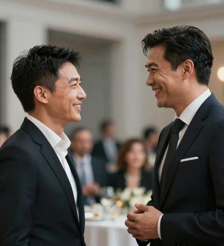 A professional and authentic photo of two executives engaged in a genuine conversation during a gala. The shot is candid, capturing real emotion and laughter. The composition is clean and contemporary, with a soft focus on the background architecture that features #6E6D74 tones and warm spotlighting.
