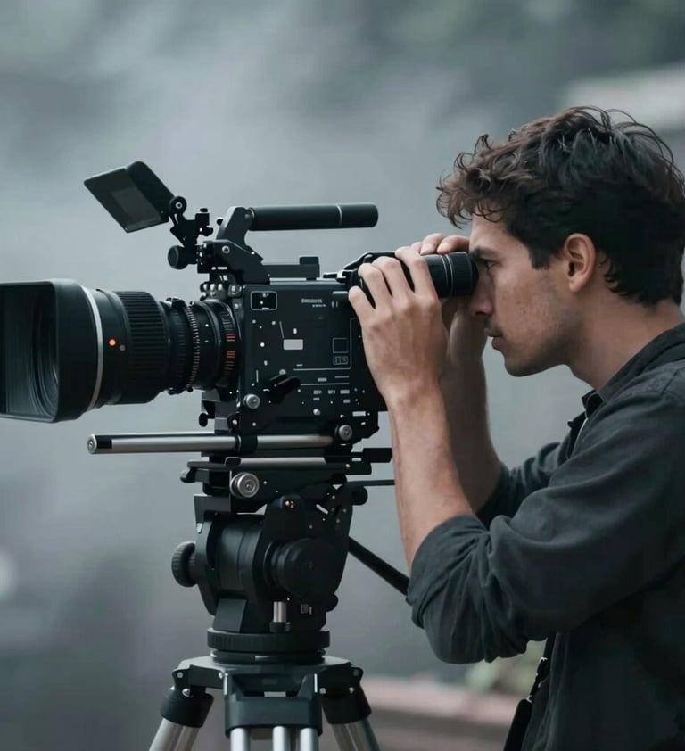 Action shot of a cinematographer looking through a viewfinder. Cinematic lighting with a color palette of #8C9CA6 and #1A1A1A. Atmospheric smoke or haze in the background for depth.