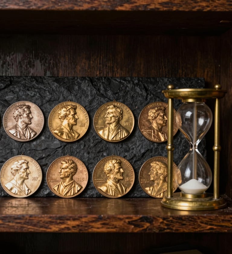 A curated collection of antique academic medals and a small brass hourglass placed on a dark charcoal wooden shelf. The scene is illuminated by warm, soft antique gold light, creating a sense of history and quiet achievement.