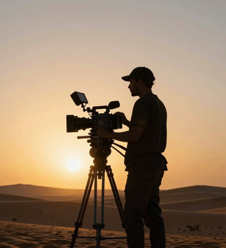 A silhouette of Nguxi dos Santos filming with a professional cinema camera during sunset in the Namib desert, Angolana horizon, golden hour light, minimalist and powerful composition.
