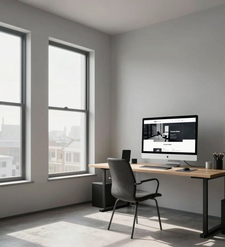 A wide-angle interior photograph of a minimalist North American / US design studio. Large windows let in bright afternoon light, illuminating a desk with a large monitor displaying a sleek white and black website layout. The room has soft light grey walls.