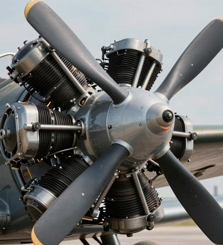 A detailed shot of a vintage aircraft radial engine, showing the intricate mechanical components and oil-rubbed textures. Lighting is directional to emphasize the depth of the metal. Palette includes #B2BEB5 and #1C2833. Premium, industrial artistry.