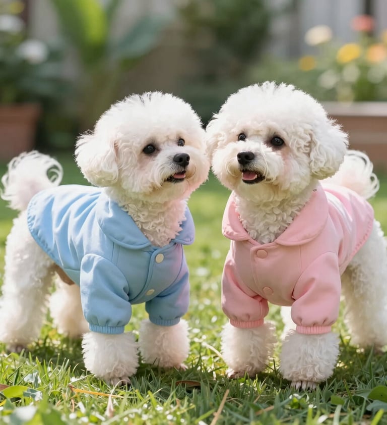 Dos perros Bichón Frisé blancos y esponjosos, con lindas chaquetas azules y rosas para mascotas, de 