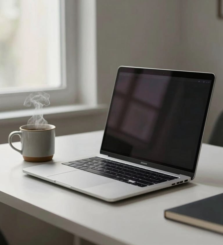 A side view of a minimalist home office setup with a high-end laptop and a steaming ceramic mug of coffee. The window light is soft and inviting, reflecting a curated, modern North American lifestyle.
