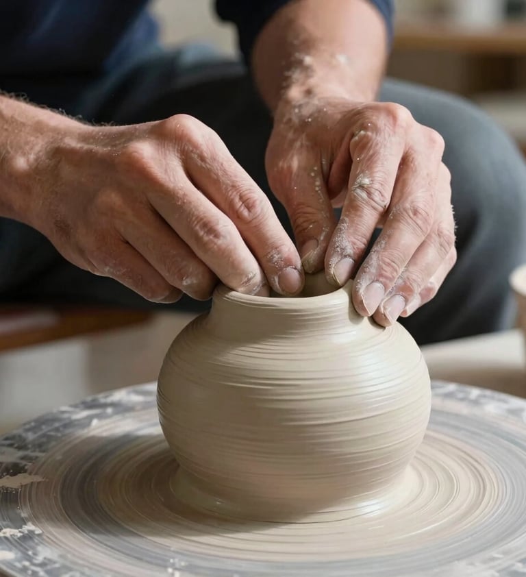 A close-up shot of hands working on a sculptural clay piece in a sunny North American studio. The clay has a rich cream texture, and the lighting creates soft, elegant shadows that emphasize the educational and artistic process.