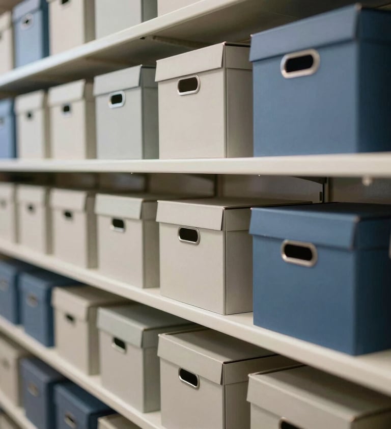 An orderly archive or library shelf with minimalist document boxes in #AEC5BE and #5B7B71, representing editorial excellence and deep research-driven methodology.