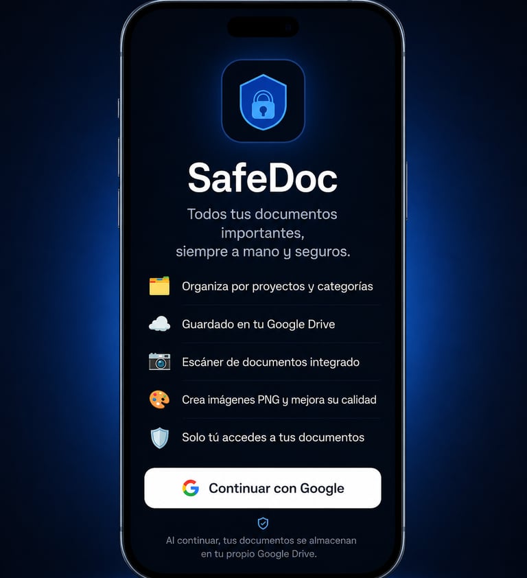 Vista previa de la aplicación SafeDoc en un móvil, mostrando funciones de gestión documental segura,