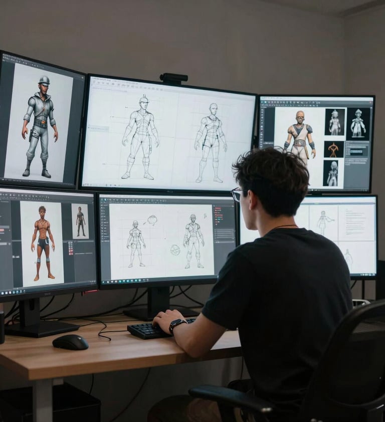 A professional digital artist working in a North American / US studio, surrounded by multiple screens displaying character wireframes and reference sheets. The room is filled with moody midnight and bright off-white lighting.