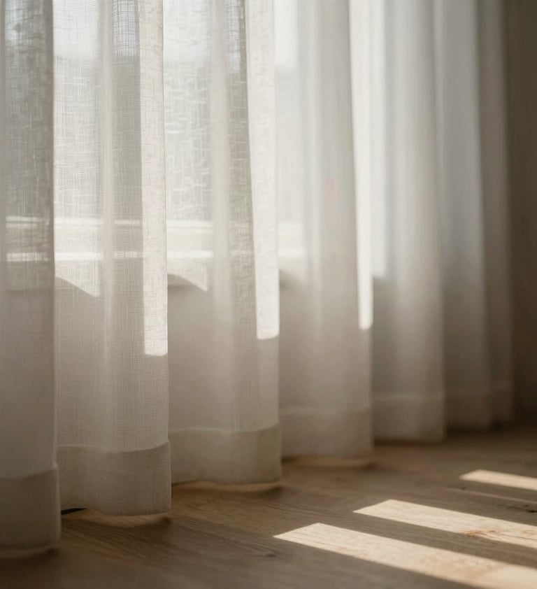A preview of an upcoming lifestyle project. Soft morning light filtering through a sheer curtain onto a wooden floor. A subtle interplay of shadow and light #4C4A48. Fine art aesthetic, intimate and calm, using the brand's warm cream and grey tones.