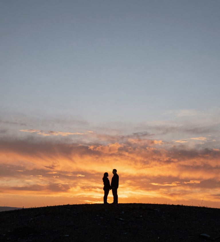 A wide-angle silhouette of a North American / US couple standing on a hill against a vast, cinematic sunset. The sky transitions from a fiery terracotta to a muted light blue. The composition is artistic and focuses on the authentic scale of the landscape and their shared moment.