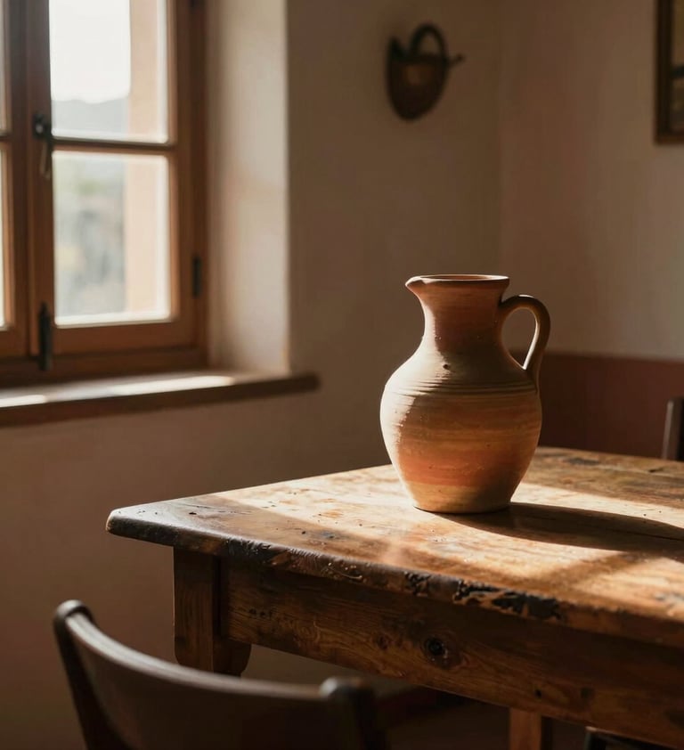An intimate lifestyle photograph showing a cozy, sunlit corner of an old Spanish house, with a ceramic jug on a rustic wooden table and warm sunlight streaming through a window, casting terracotta and sand-colored light across the room. Nostalgic and cinematic mood, peaceful domestic life in Southern Europe, authentic and warm styling.
