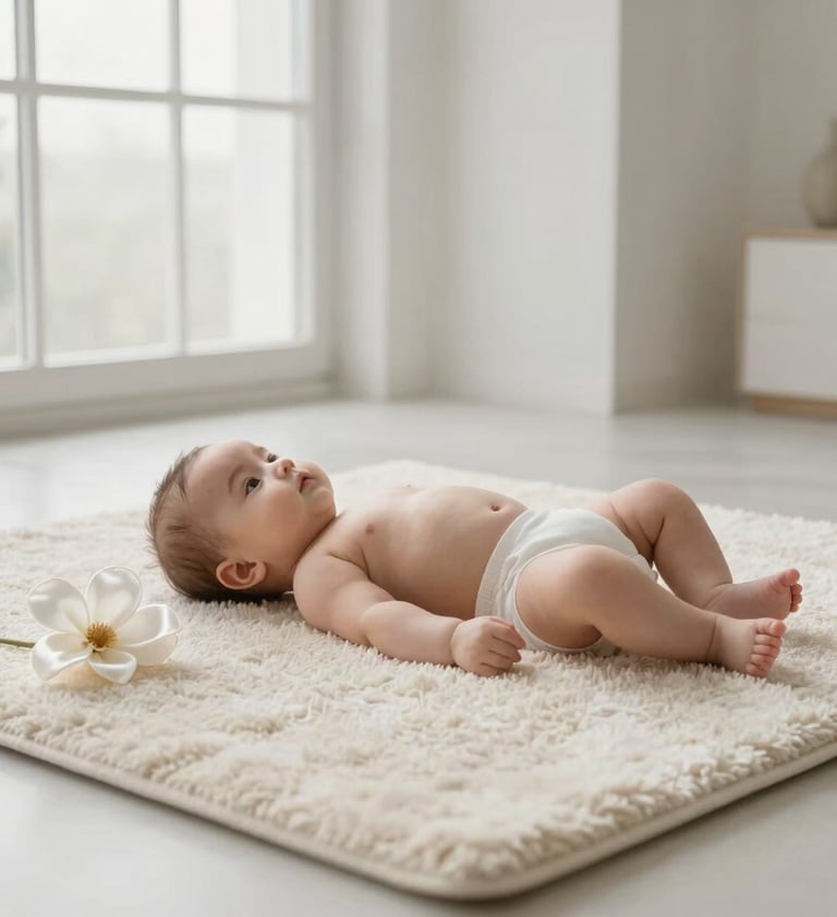 A minimalist studio shot of a baby lying on a plush soft off-white rug. The composition is clean and premium, featuring a single white silk flower nearby. Soft light from a large window in a modern Turkish / Istanbul photography studio creates a high-end, airy feel.
