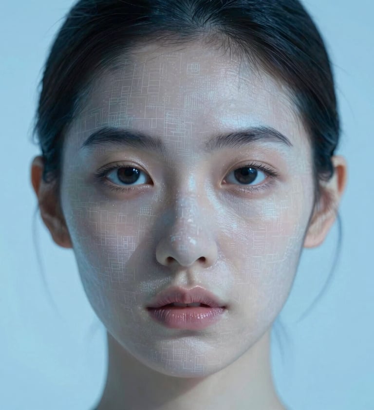 Close-up portrait with cinematic studio lighting, subtle digital mesh pattern projected on skin, minimalist and sophisticated, featuring palette colors #E0FBFC and #3D5A80.