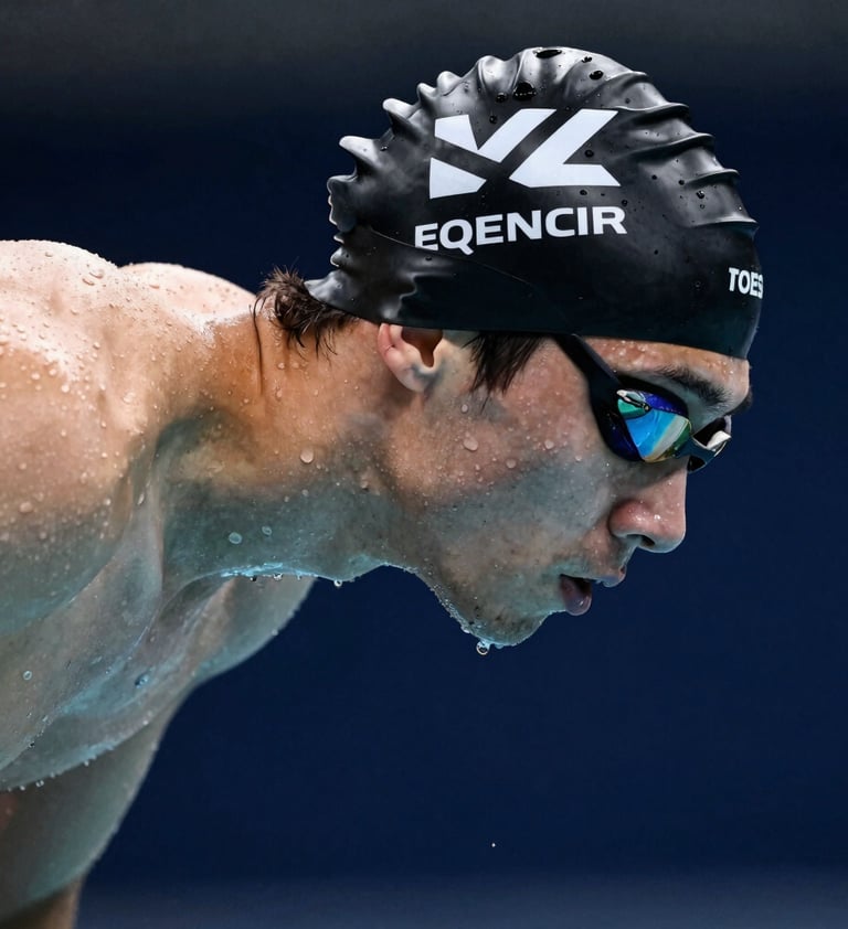 Side profile of a focused athlete in a black swimming cap with white geometric patterns. The lighting is crisp, highlighting water droplets on the skin. The background is a deep dark blue water surface. Western / International setting.