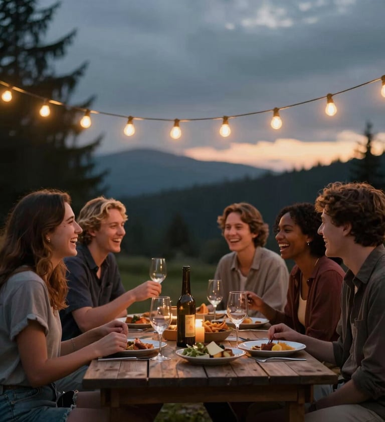 A candid lifestyle shot of a group of friends laughing around an outdoor dinner table in the North American Pacific Northwest. The scene is lit by warm string lights against a charcoal evening sky, creating an intimate storytelling atmosphere.