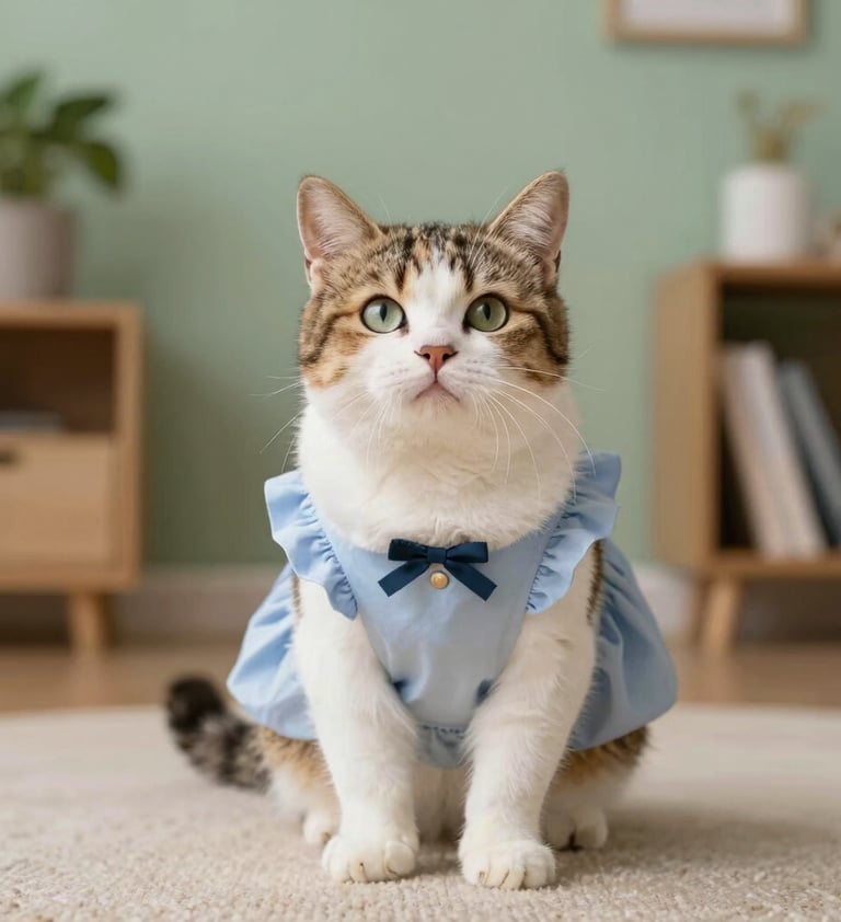 Un gato Ragdoll esponjoso de pelo largo y ojos azules que lleva un suéter azul turquesa para mascota
