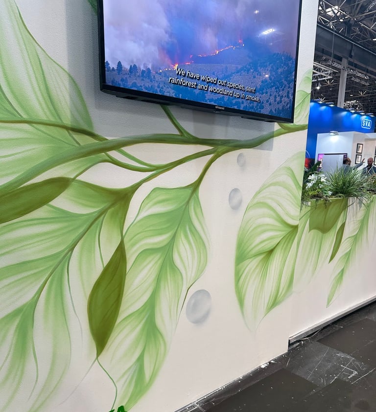 Mural de gran formato sobre fachada urbana realizado con aerosol. Representación figurativa que comb