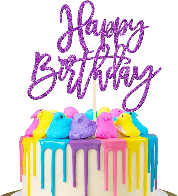 Purple glitter Happy Birthday cake topper on bamboo stick for birthday and anniversary party cakes.