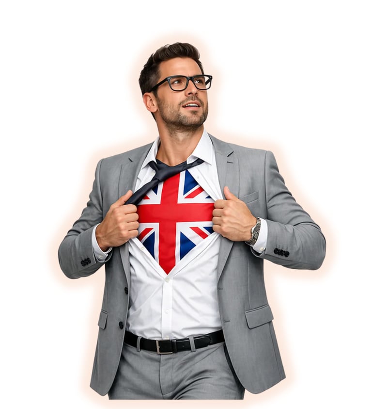 A businessman in a grey suit reveals a UK Union Jack flag shirt underneath, symbolizing British business strength.