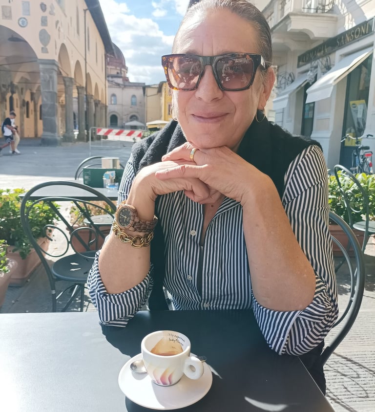 Gia Marie having an espresso in San Giovanni Valdarno, Italy