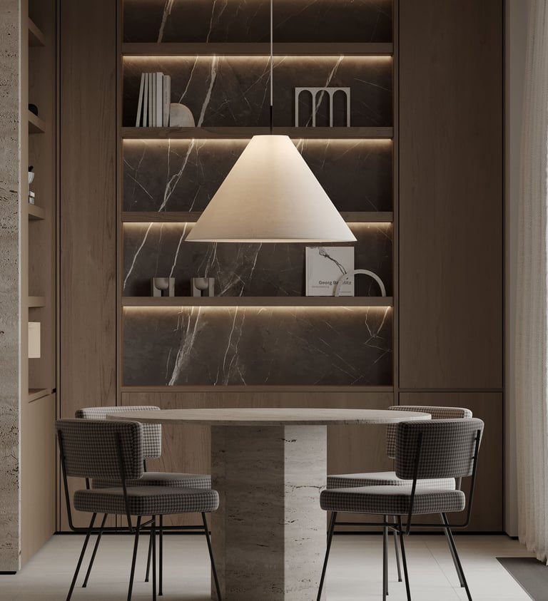3D render of dining area with stone table, upholstered chairs, wooden shelves, marble back panel, and pendant light.