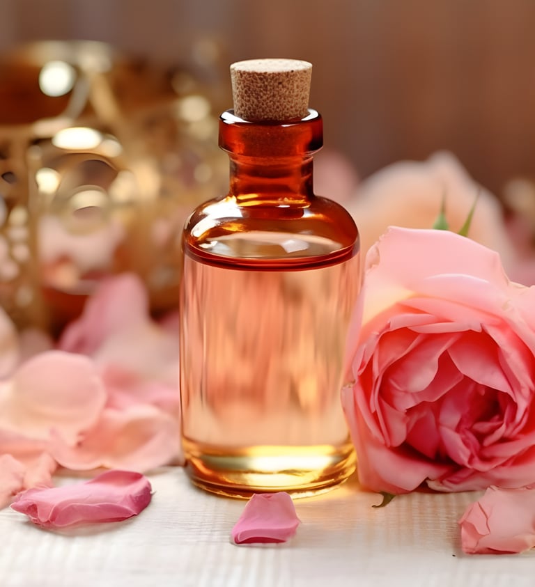 a bottle of perfume with a rose on a table