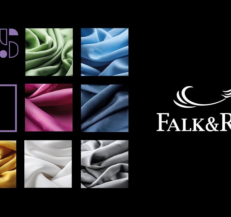 Falk and Ross 2025 collection banner featuring colorful fabric swatches in a grid layout.