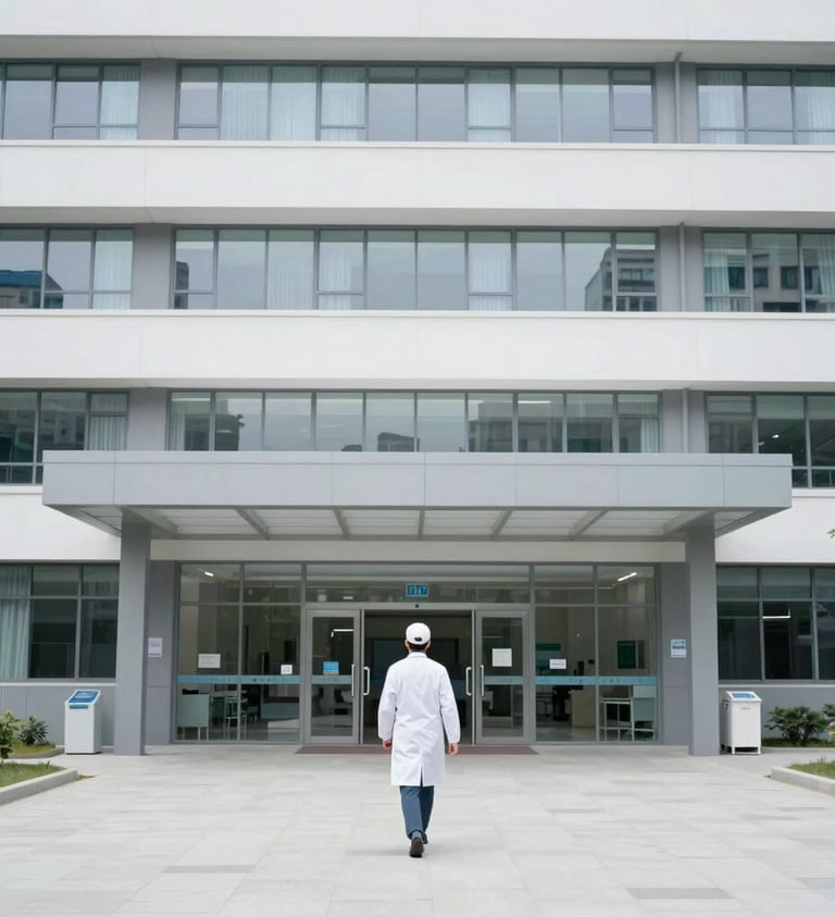 A doctor in a white lab coat walking toward the modern glass entrance of a medical research facility.