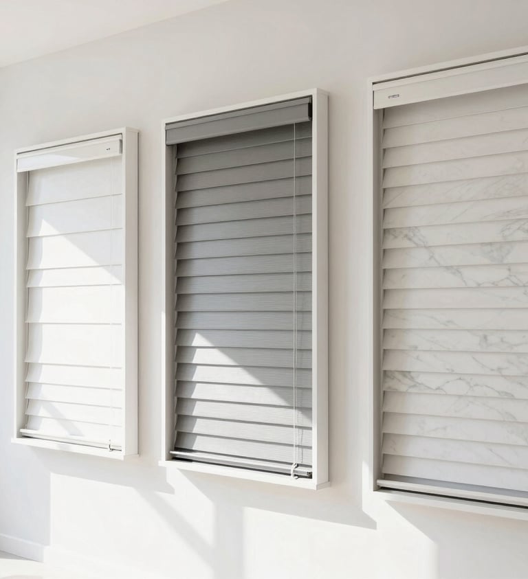 Bright minimalist interior showroom, natural light reflecting on marble-look PVC panels, clean modern display of custom blinds on the wall, 35mm lens