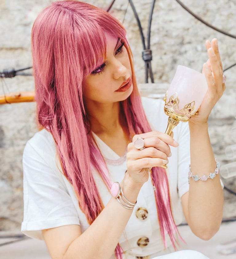 mujer con una copa hecha de de cuarzo rosa
