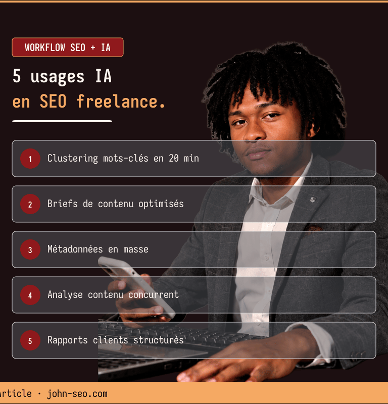 5 usages de l'IA en SEO freelance 2026 — workflow ChatGPT Claude Perplexity par John SEO Madagascar