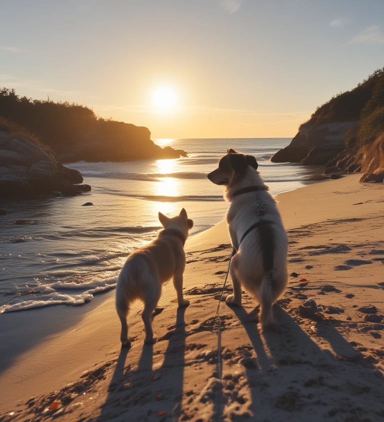 Two dogs on an Oregon beach at sunset, symbolizing partnership & adventure at Embark Therapeutic Ser