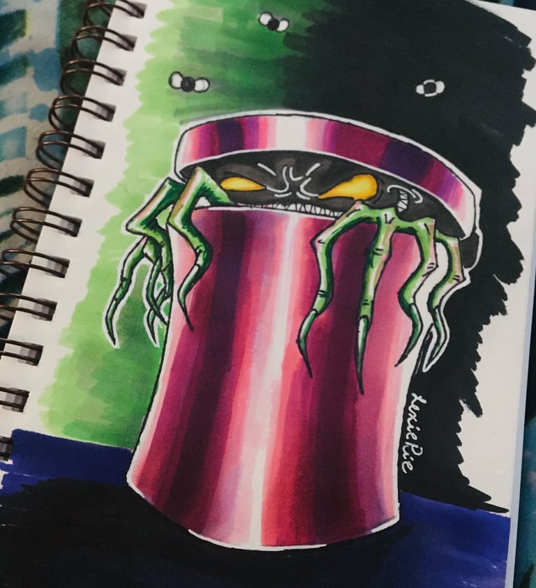 a marker drawing of a green trashcan goblin in pink trashcan.