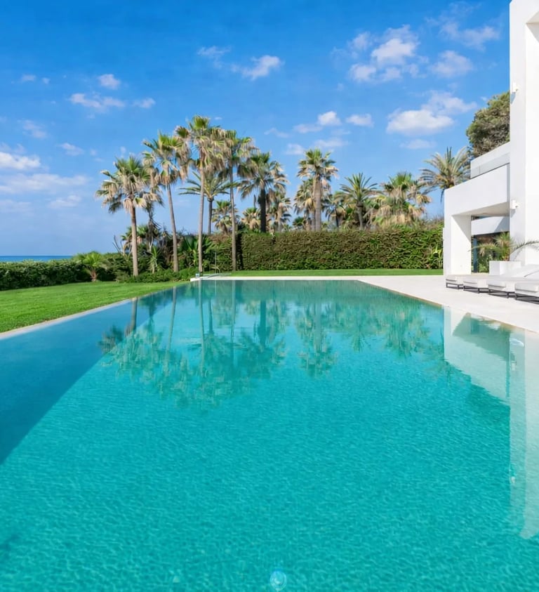Beachfront infinity pool with palm lined gardens and sea views
