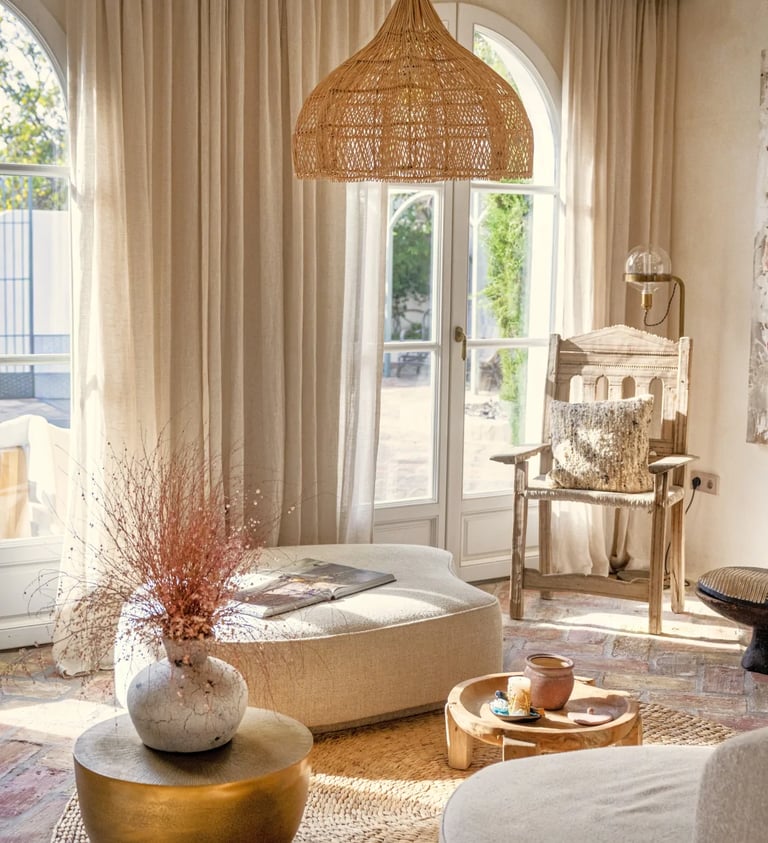 Sunlit lounge with woven pendant, arched doors and natural textures