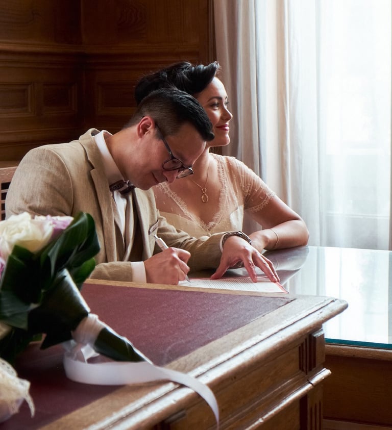 Couple de mariés signant leur acte de mariage et un bouquet de fleurs au premier plan.