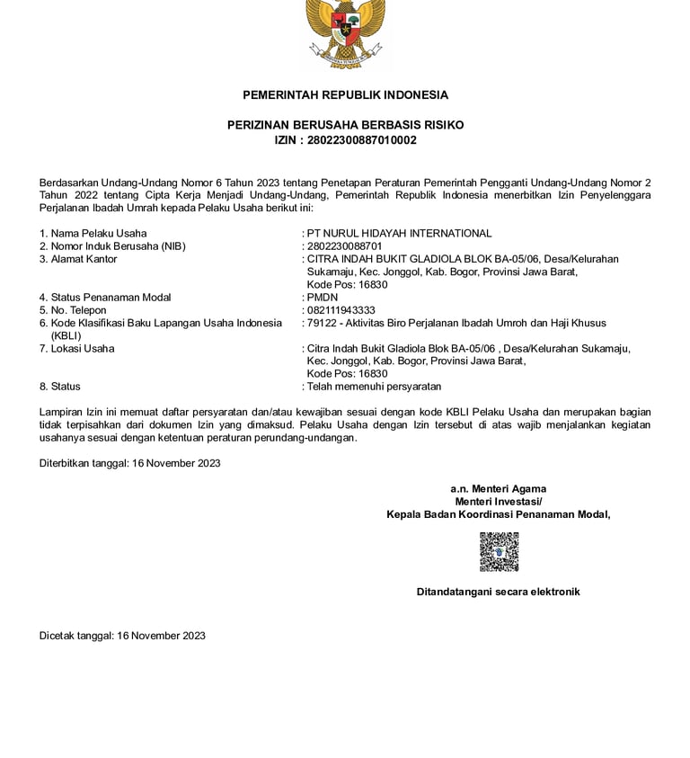 SK Kemenag PT Nurul Hidayah International