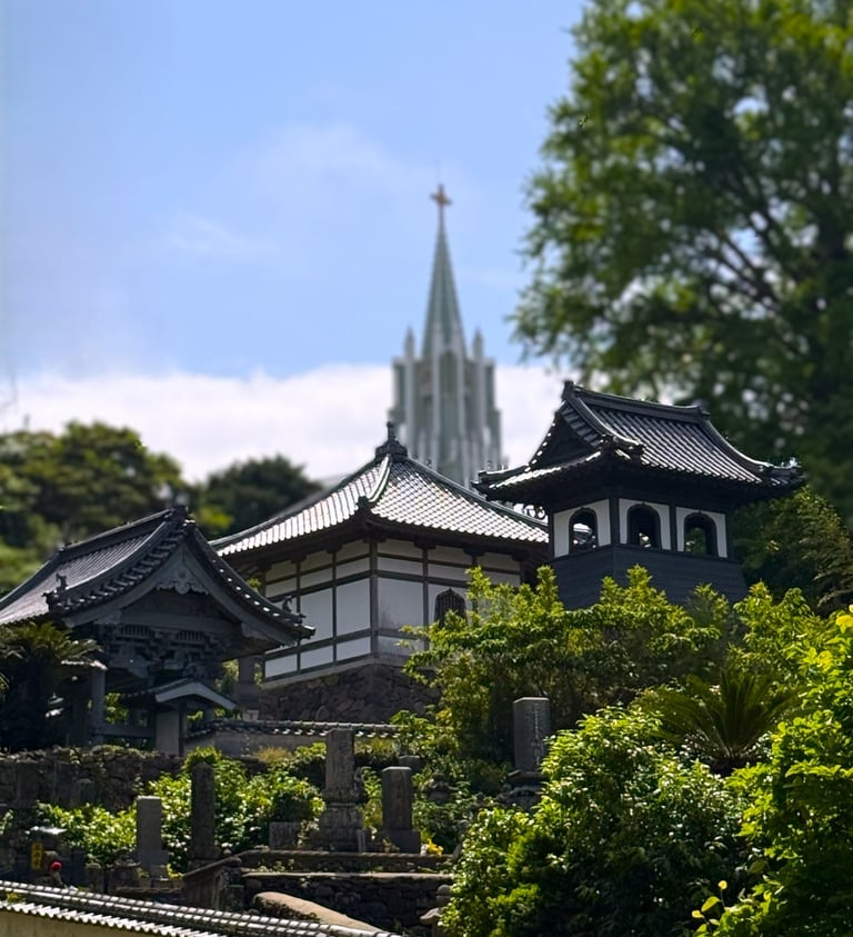 Traditional Japanese temple and church in Kyushu, reflecting the region's rich cultural heritage.