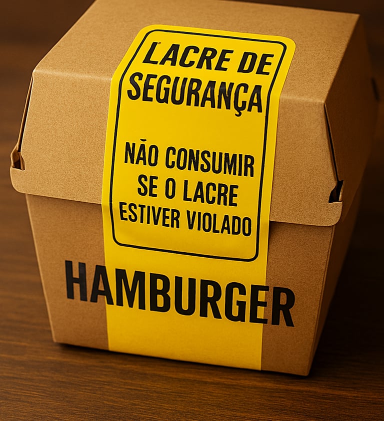 Imagem de uma caixa de hambúrguer com etiqueta de lacre de segurança.